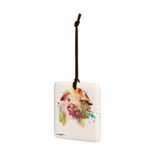 A square cream hanging tile magnet ornament with a watercolor image of a pig's face, displayed angled to the left.