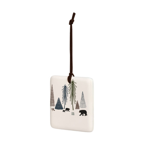 A square cream hanging tile magnet ornament with an illustration of bears in a forest, displayed angled to the left.
