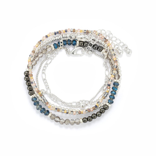A multi-strand bracelet made with beads and silver chain. The beads are primarily in shades of gray and blue.