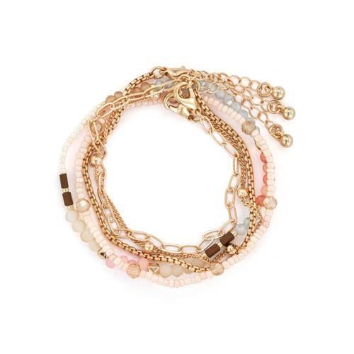 A multi-strand bracelet made with beads and gold chain. The beads are primarily in shades of gold and tan.