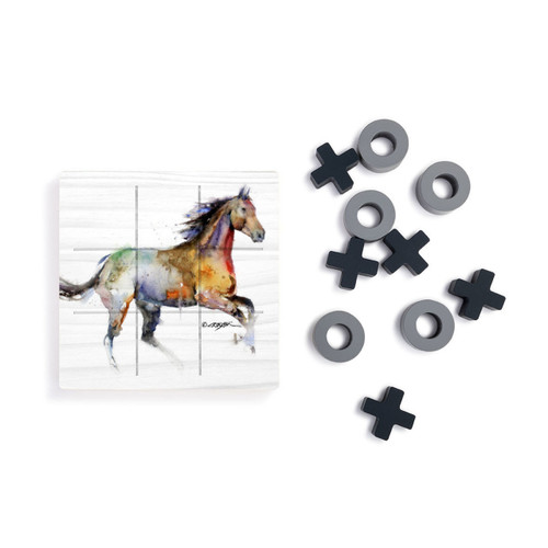 A square white wood board for tic tac toe with a watercolor image of a running horse, displayed next to a set of X's and O's in gray and black.
