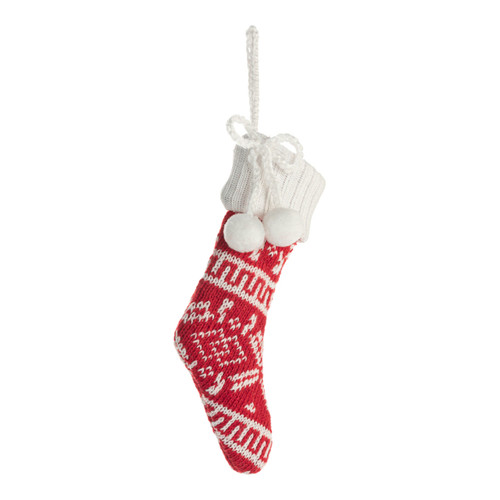 A small red and white knit stocking hanging ornament, displayed angled to the right.