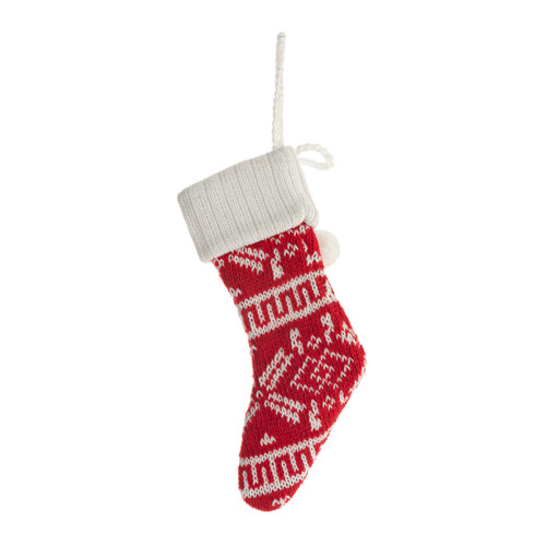Back view of a small red and white knit stocking hanging ornament.