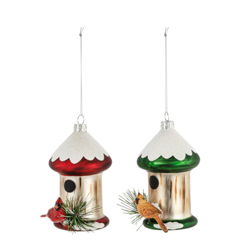 Two snowy birdfeeder ornaments, one red and the other green. There is a male cardinal on the red one and a female cardinal on the green one, displayed angled to the left.