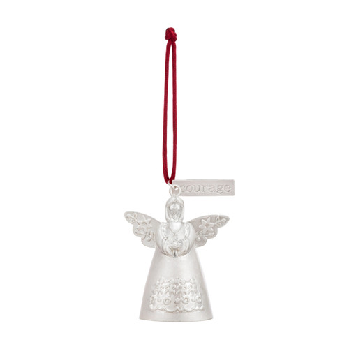 A mini white bell ornament shaped like an angel with a large heart. There is a tag at the top with the word "Courage".