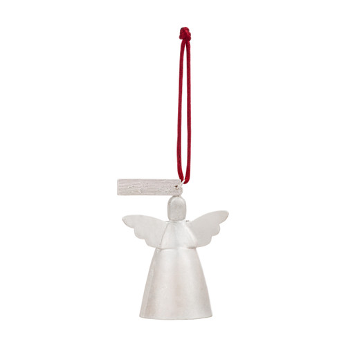 Back view of a mini white bell ornament shaped like an angel with a large heart. There is a tag at the top with the word "Courage".