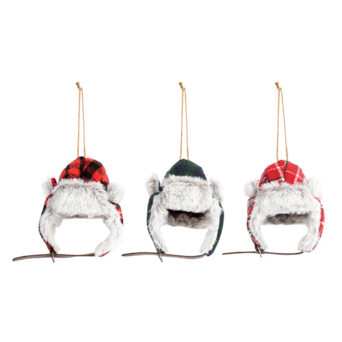 A set of three plaid winter hat ornaments in green and red.