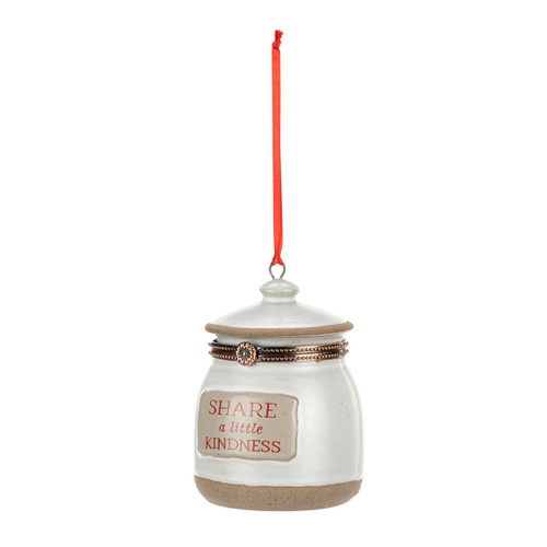 A cream honey pot ornament with the saying "Share a little Kindness" on the front and a lid that opens, displayed angled to the left.