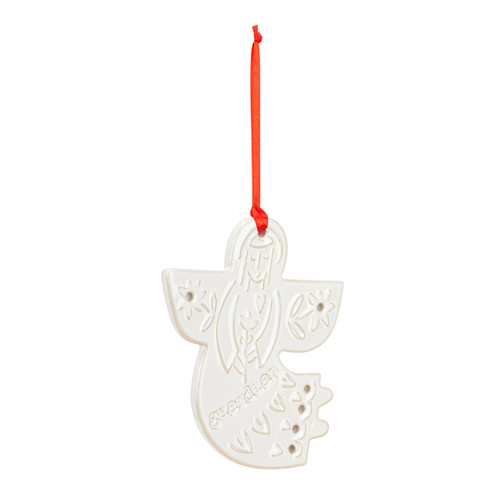 A white mini angel ornament hanging from a red ribbon. The ornament has the saying "guardian" with decorative holes and images on the ceramic, displayed angled to the right.
