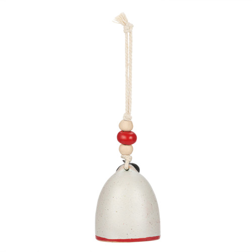 Back view of a mini white bell with a red heart and "XOXO" on the front. There are beads and a metal token at the top of the bell.