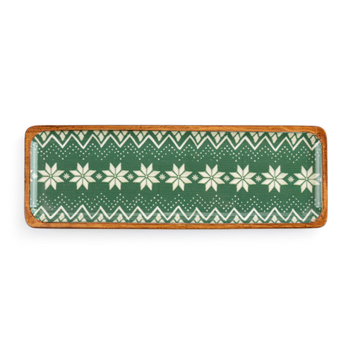 A long rectangular wood enamel tray with a repeating knit snowflake pattern in green and cream.