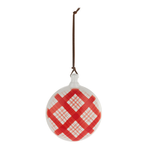 Back view of a red and white plaid pattern on a red round disc ornament with the saying "Friends are a gift even sweeter than hunny".