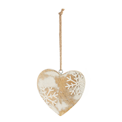 A heart shaped wood ornament with two engraved snowflakes.
