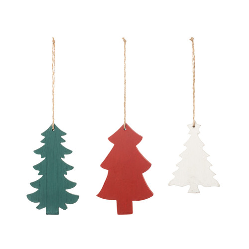 Back view of a set of three different wood enamel tree ornaments, one each in red, green and white.