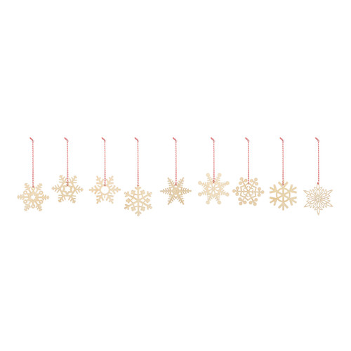 A set of 32 wood snowflake ornaments in nine different designs, displayed with one of each design hanging.