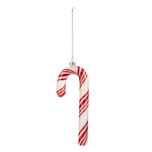 A red and white candy cane shaped ornament.