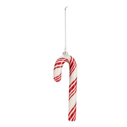 A red and white candy cane shaped ornament displayed angled to the right.