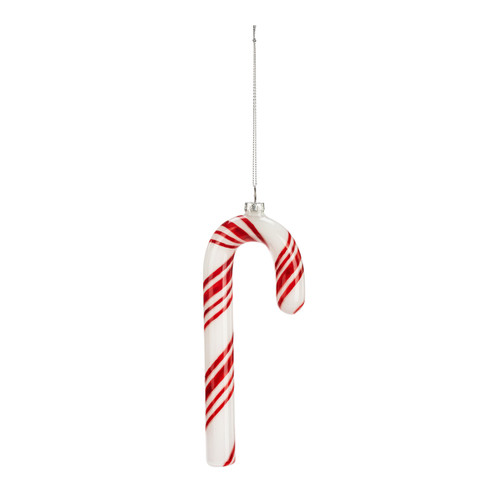 Back view of a red and white candy cane shaped ornament.