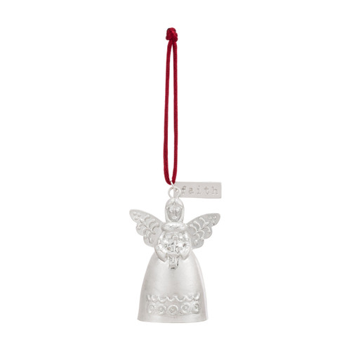 A mini white bell ornament shaped like an angel holding a cross. There is a tag at the top with the word "Faith".