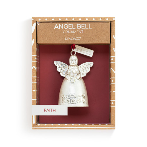A mini white bell ornament shaped like an angel holding a cross. There is a tag at the top with the word "Faith", displayed in a packaging box.