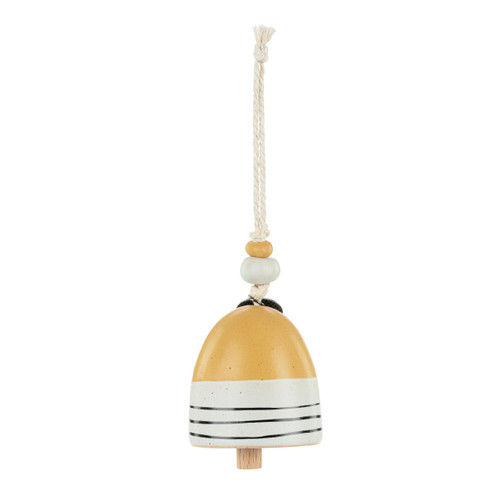 Back view of a mini dark yellow and cream bell with the saying "find sunshine". There are beads and a metal token at the top of the bell.