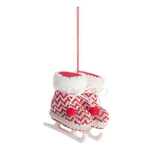 A hanging ornament of red and white fabric knit ice skates, displayed angled to the right.