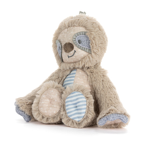 A mini brown and blue plush sloth with knit purple eyes and paws, displayed sitting angled to the left.