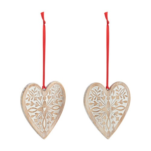 A set of two heart shaped decorative wood ornaments designed for one to keep and one to give away, displayed angled to the right.