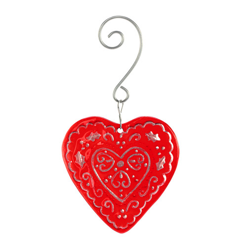 A red and silver heart glass ornament with a curved silver hanger.