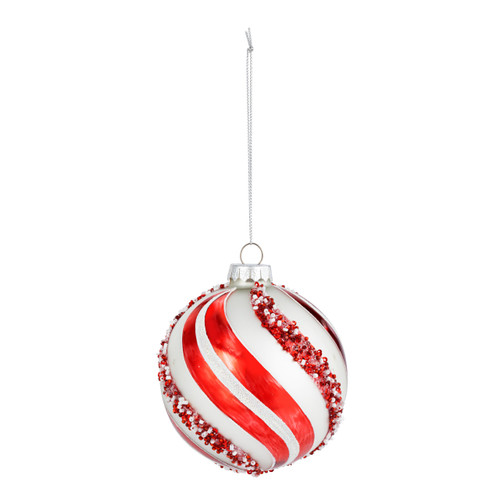 A round ornament with red and white candy cane stripes. It is decorated with small red and white beads.