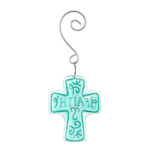Back view of a light blue cross shaped glass ornament that says "Faith" and is on a silver metal curved hanger.