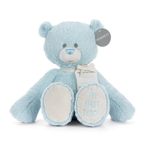 A light blue plush bear with "My First Teddy" embroidered on the paw of his left leg, displayed with a gift tag attached.