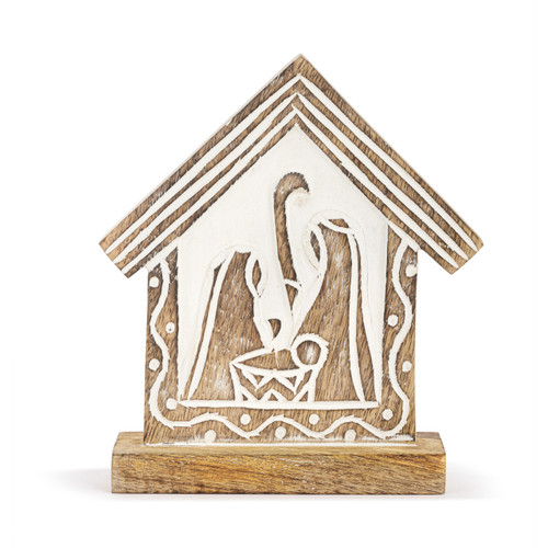 A stable shaped wood figure with a simple nativity painted in white.