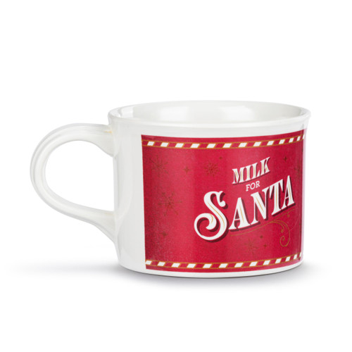 Detail view of the mug in a set of red and white dishes including a mug that says "Milk for Santa" and a plate that says "Cookies for Santa".