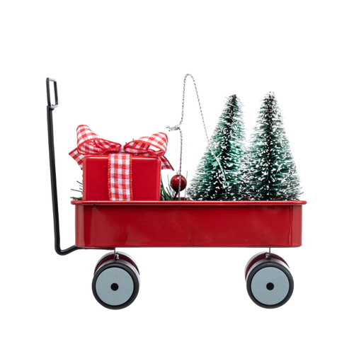 Back view of a little red wagon ornament with two frosted trees and a gift inside. The side of the wagon says "Merry Christmas".