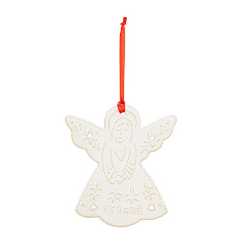 A white mini angel ornament hanging from a red ribbon. The ornament has the saying "friend" with decorative holes and images on the ceramic.