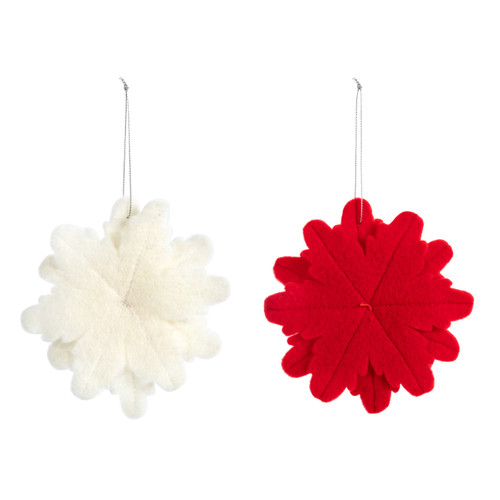 Back view of two felt poinsettia ornaments, one in red and the other white. Each has three mini silver bells in the center.