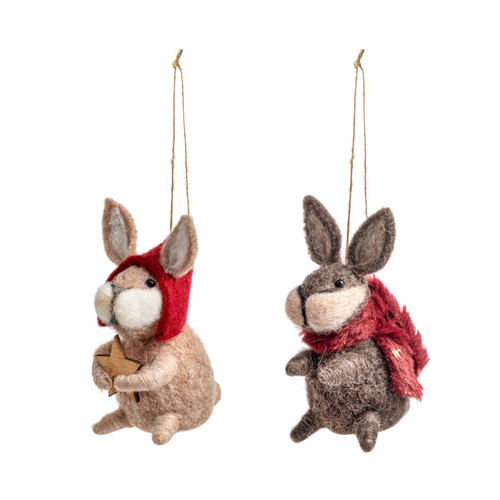 A set of two felted rabbit ornaments. One is brown and wearing a red hat and the other is gray and wearing a red scarf, displayed angled to the left.