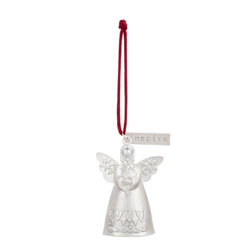 A mini white bell ornament shaped like an angel with a cross. There is a tag at the top with the word "Inspire".