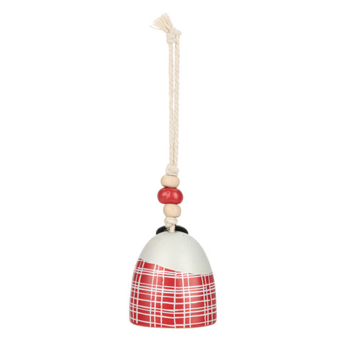 Back view of a mini white and red bell with a plaid pattern. There are beads and a metal token at the top of the bell.