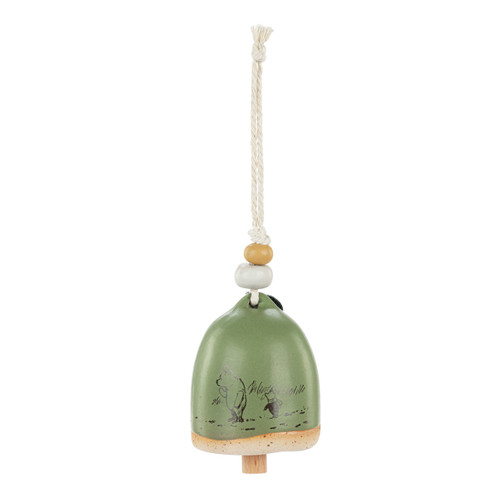 Back view showing the illustration of Pooh and Piglet on a mini green bell with a cream heart and the word "pause". There are beads and a metal token at the top of the bell.