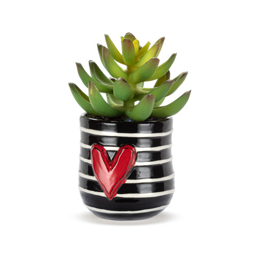 A mini black ceramic container with white stripes and a raised red heart. The container has an artificial succulent, displayed angled to the left.