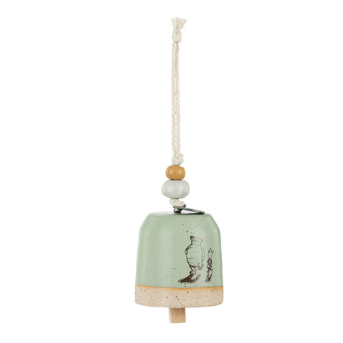 A mini tan and green bell with an image of Pooh and Piglet walking together. There are beads and a metal token at the top of the bell, displayed angled to the right.