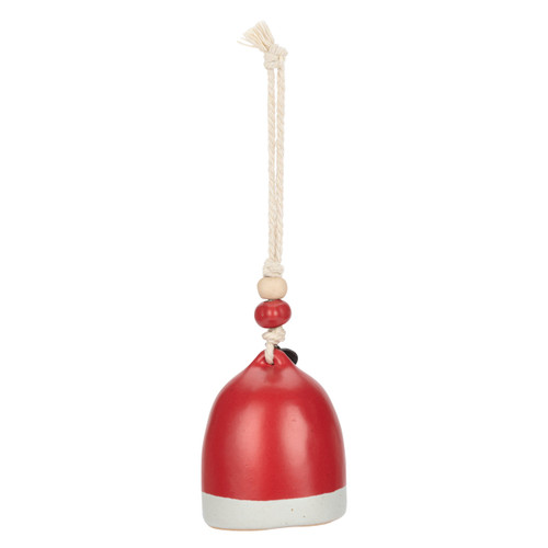 Back view of a mini red and white bell with the word "Believe" on the front. There are beads and a metal token at the top of the bell.