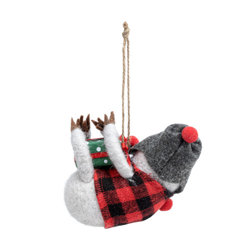 Back view of a felt ornament of a sloth dressed in a red and plaid vest and gray hat holding a present.