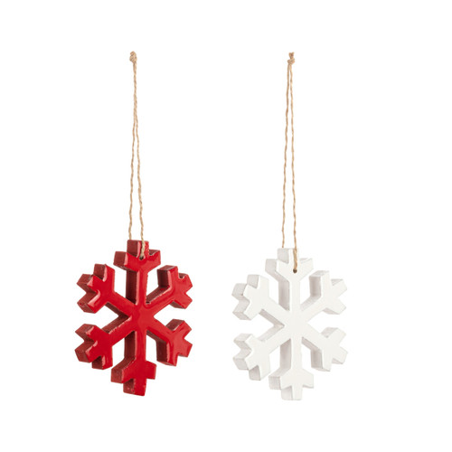 A set of two wood painted snowflake ornaments, one is red and the other is white, displayed angled to the right.