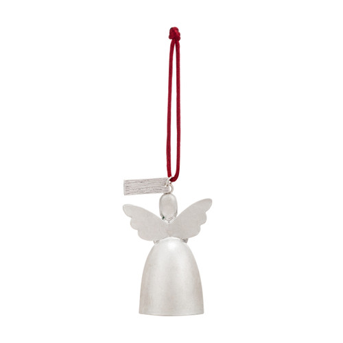 Back view of a mini white bell ornament shaped like an angel with her arms spread wide. There is a tag at the top with the word "Joy".