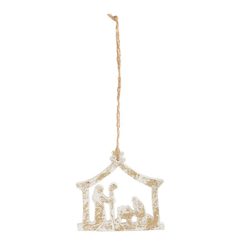 Back view of a wood stable shaped ornament with the nativity scene and partially painted in white.