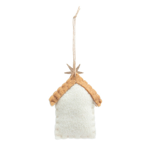Back view of a felted ornament in brown and white of Baby Jesus and the stable.