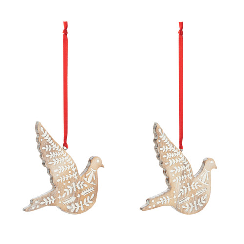 A set of two dove shaped decorative wood ornaments designed for one to keep and one to give away, displayed angled to the right.